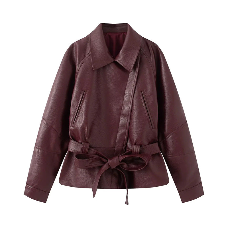 Damen nan taillierte Kunstlederjacke mit Hemdkragen und Bindegürtel Drune