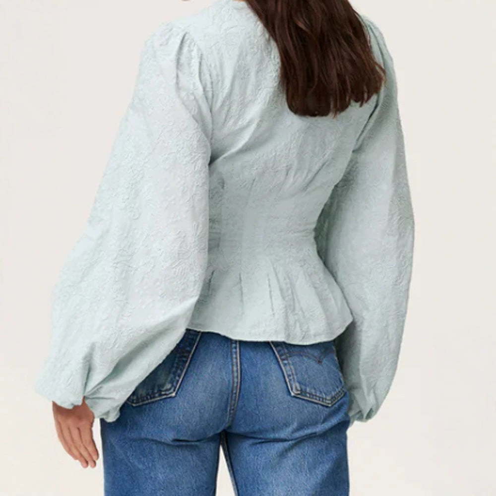 Damen Jacquard-Spitzenbluse mit tailliertem Schößchen und Ballonärmeln Drune