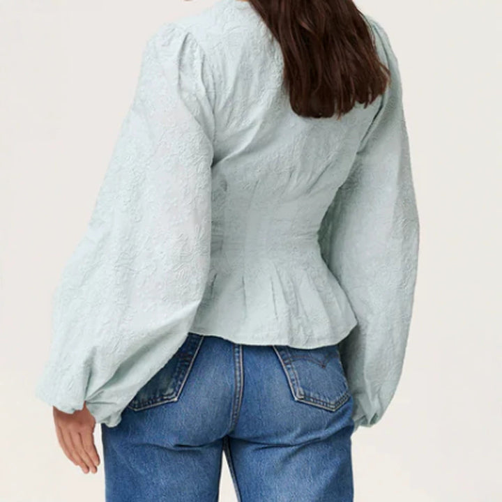 Damen Jacquard-Spitzenbluse mit tailliertem Schößchen und Ballonärmeln Drune