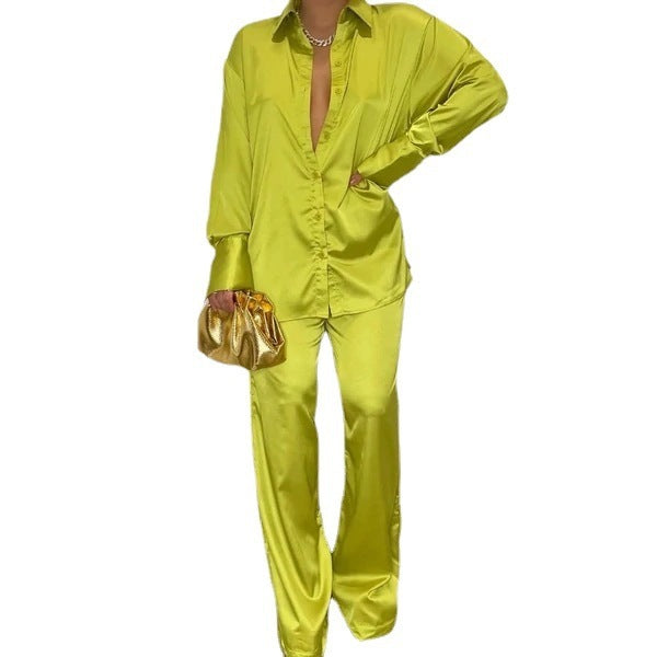 Damen Satin-Hemd und Palazzo-Hose Lounge-Set Drune