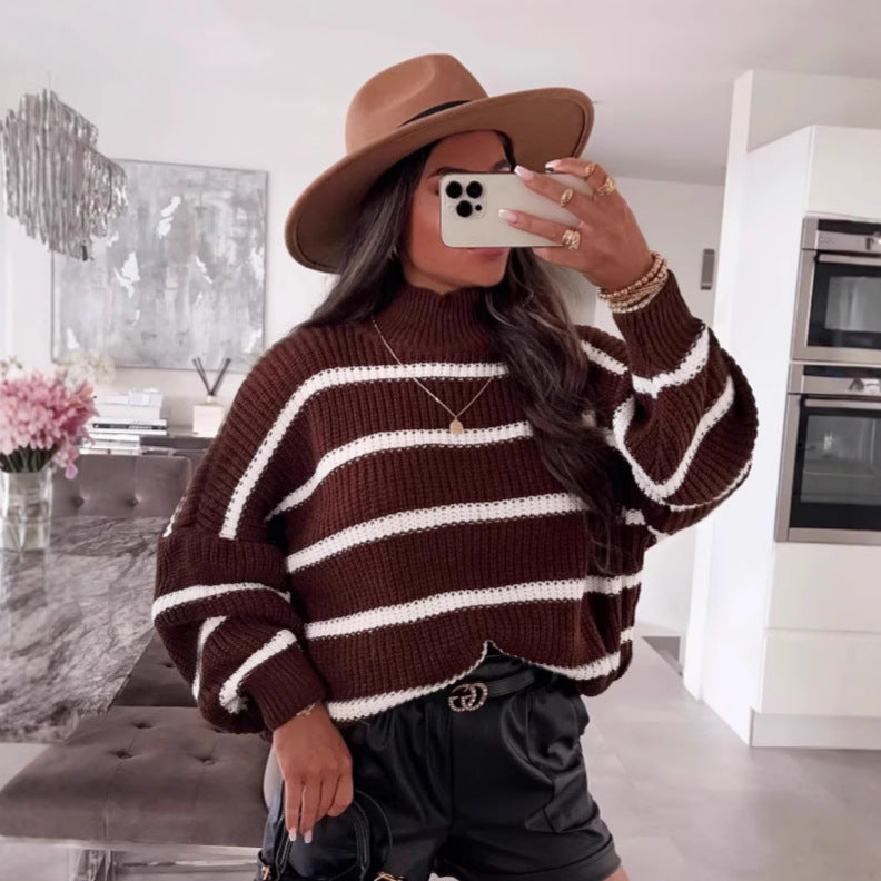 Damen gestreifter Oversized-Pullover mit modischem Rollkragen Drune