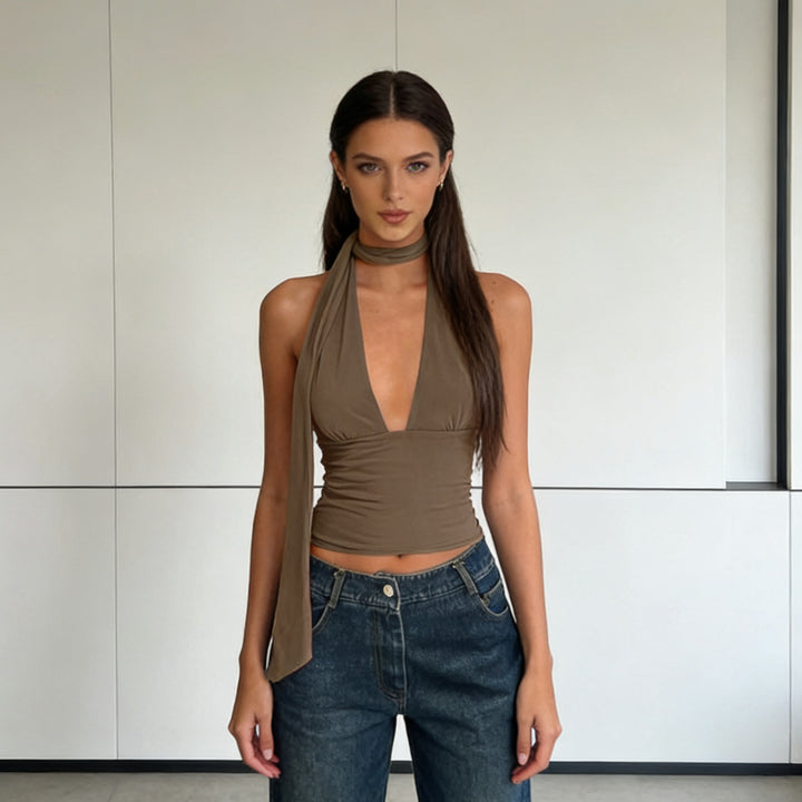 Damen Stilvolles Cropped Top mit schmalem Halsschmuck Drune