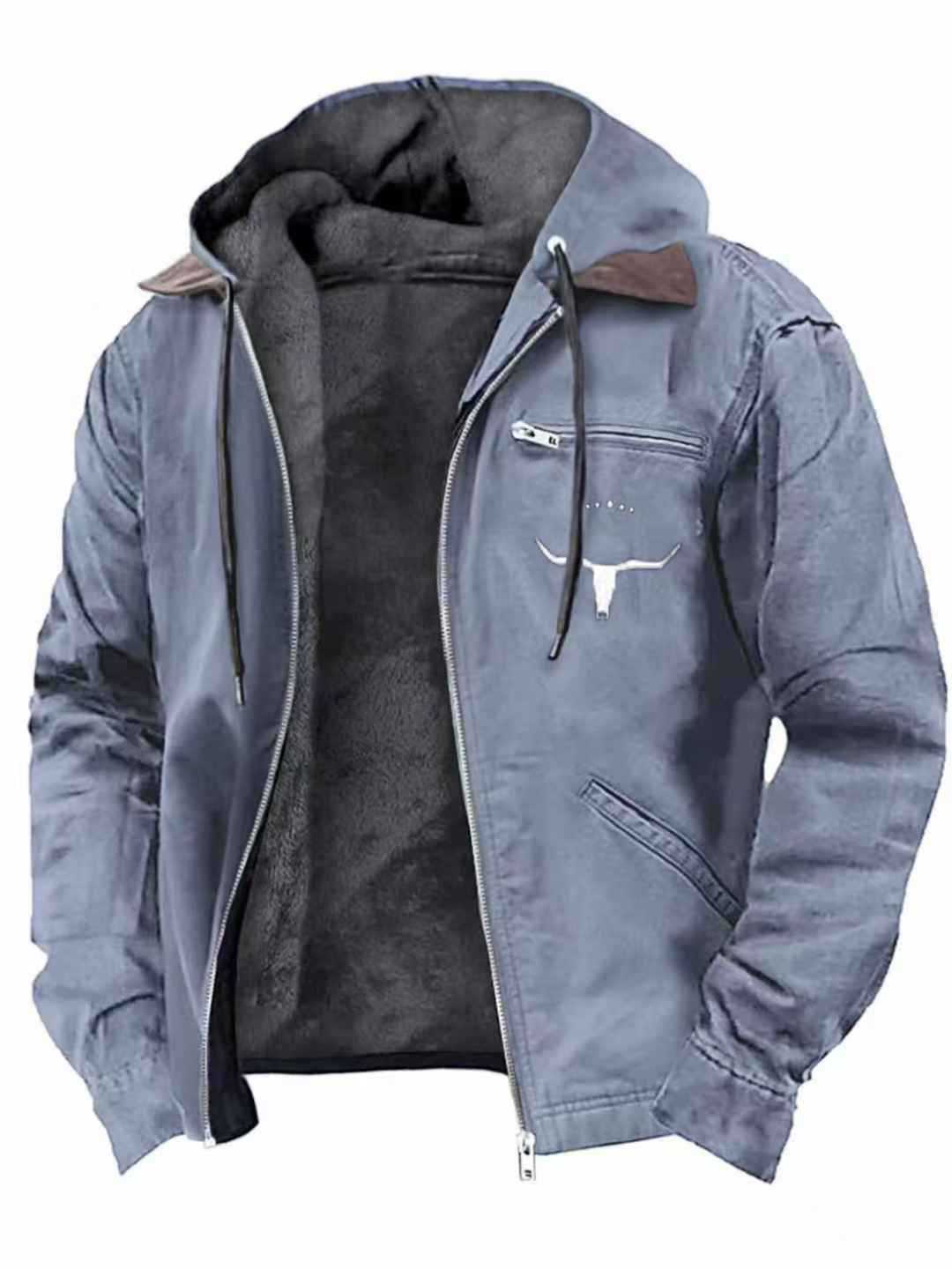 Herren Gefütterte Kapuzen-Lederjacke mit Teddyfutter und Brustreißverschlusstasche Drune