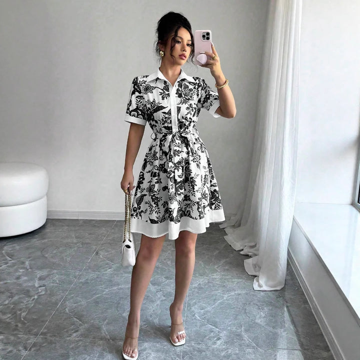 Damen Blusenkleid mit floralem Design und Taillengürtel Drune