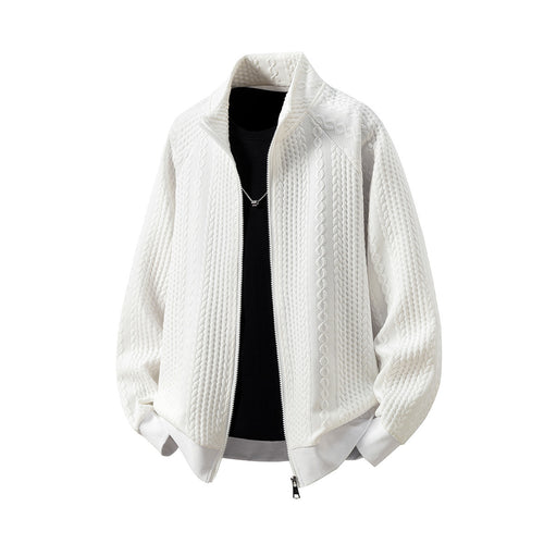 Herren Grobgestrickte Zip‑Strickjacke mit Stehkragen und Zopfmuster Drune