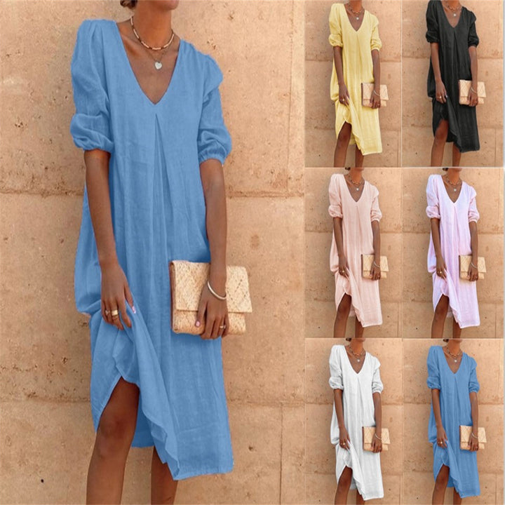 Damen lässiges Tunika-Kleid mit V-Ausschnitt und Ballonärmeln Drune