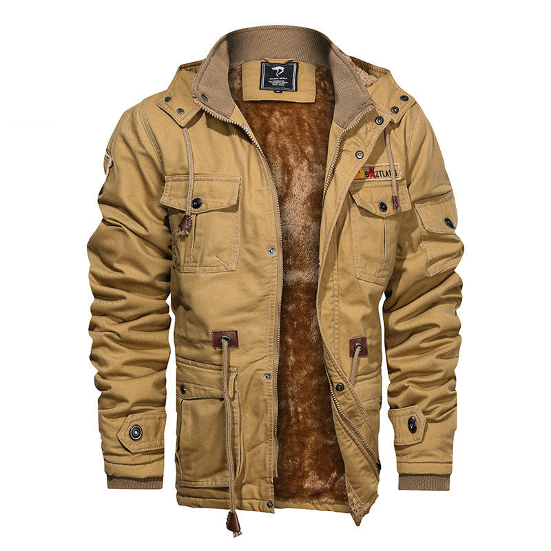 Herren Militärinspirierte Canvas-Fieldjacke mit Kapuze, Kordzug‑Taille und Fleece‑Innenfutter Drune