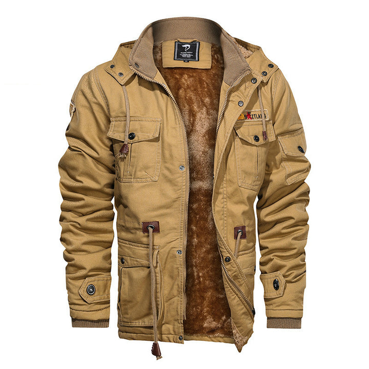 Herren Militärinspirierte Canvas-Fieldjacke mit Kapuze, Kordzug‑Taille und Fleece‑Innenfutter Drune