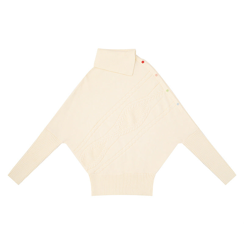 Damen Oversize-Pullover mit Rollkragen, asymmetrischer Schulter-Knopfleiste und Zopfstrick-Details Drune
