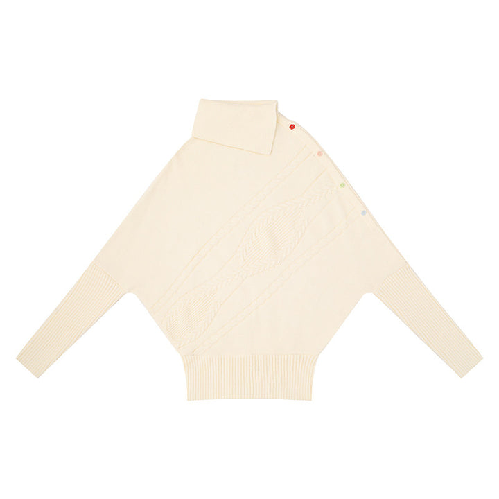 Damen Oversize-Pullover mit Rollkragen, asymmetrischer Schulter-Knopfleiste und Zopfstrick-Details Drune
