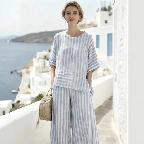 Damen Zweiteiliges gestreiftes Leinen‑Optik Lounge‑Set mit Oversize‑Bluse und High‑Waist Palazzo Drune