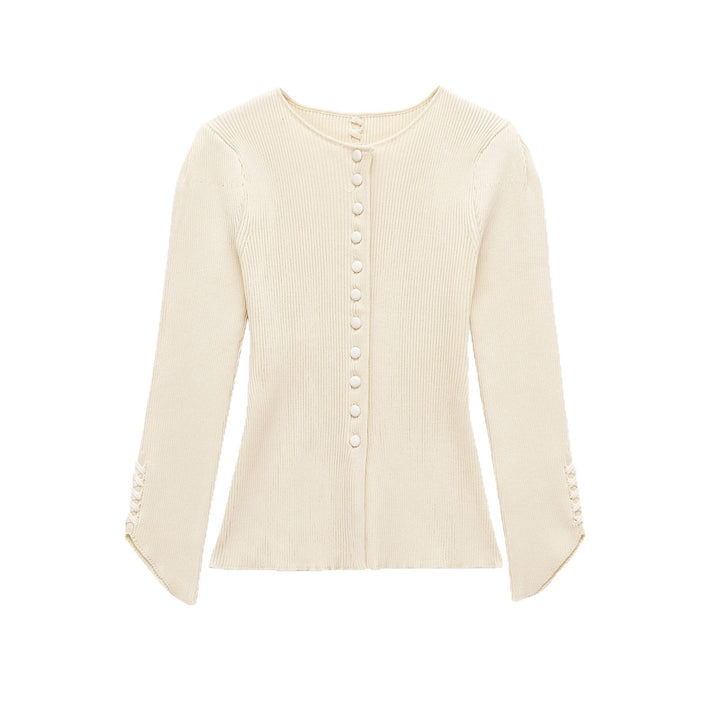 Damen Feinstrick-Cardigan mit durchgehender Knopfleiste, taillierter Rippenstruktur und geschwungenem Saum Drune
