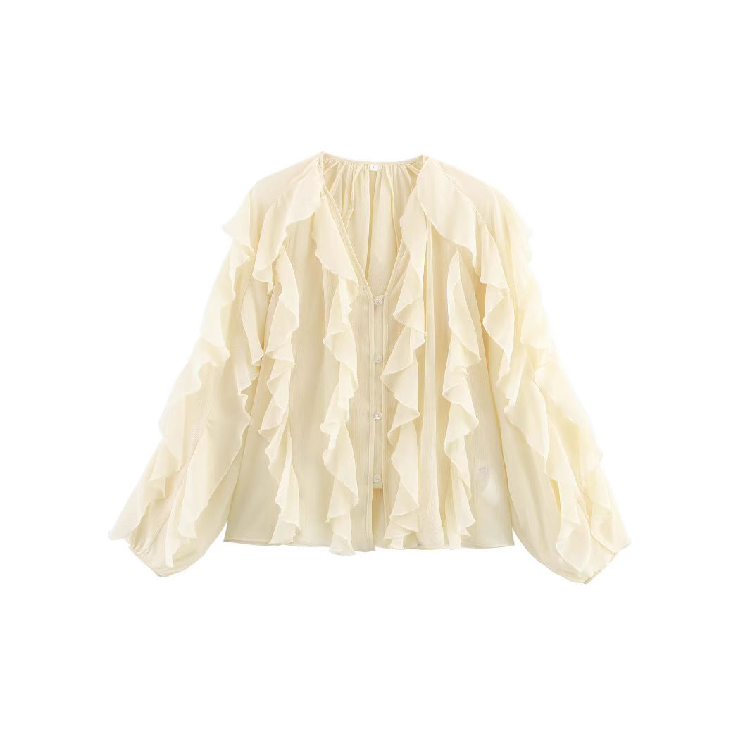 Damen nan transparente Chiffonbluse mit mehrlagigen Volants, weiten Ballonärmeln und durchgehender Knopfleiste Drune