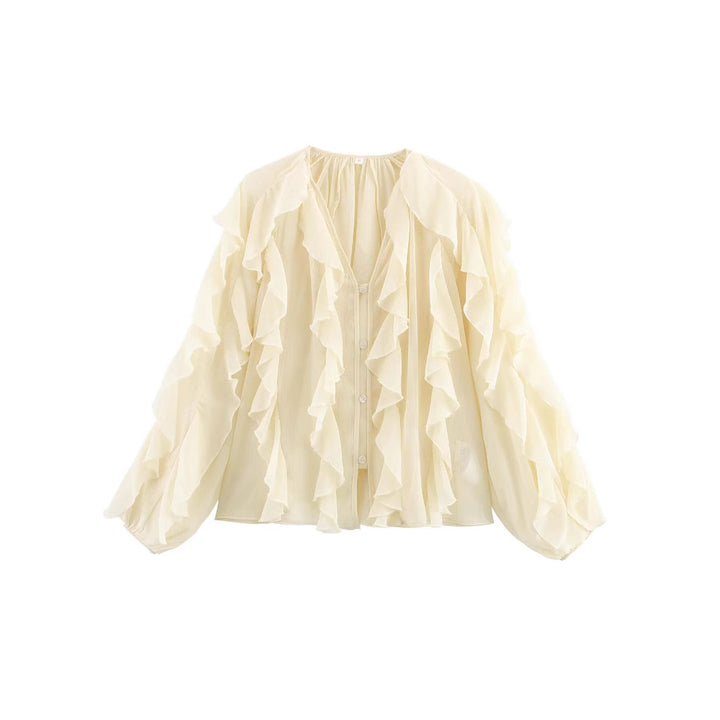 Damen nan transparente Chiffonbluse mit mehrlagigen Volants, weiten Ballonärmeln und durchgehender Knopfleiste Drune