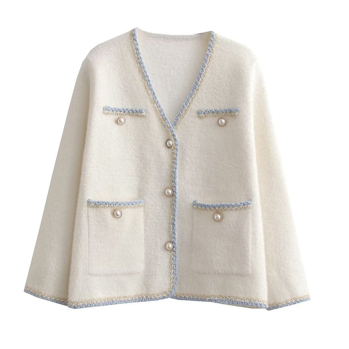 Damen elegante Strickjacke mit dekorativen Perlenknöpfen und praktischen Taschen Drune