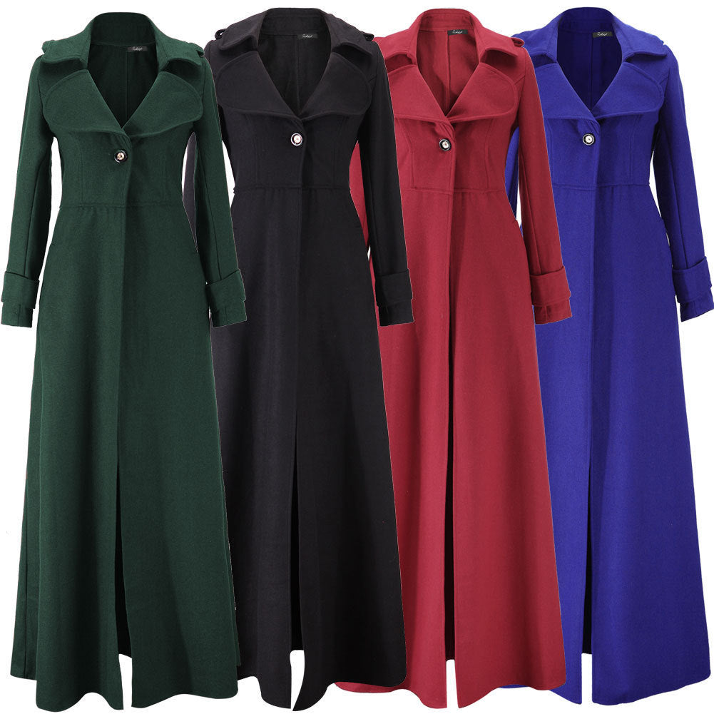 Damen eleganter, lang geschnittener Trenchcoat mit breitem Revers Drune