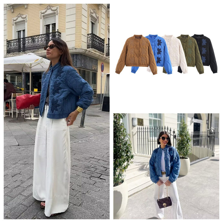Damen gesteppte Jacke mit floralem Design und elastischen Bündchen Drune