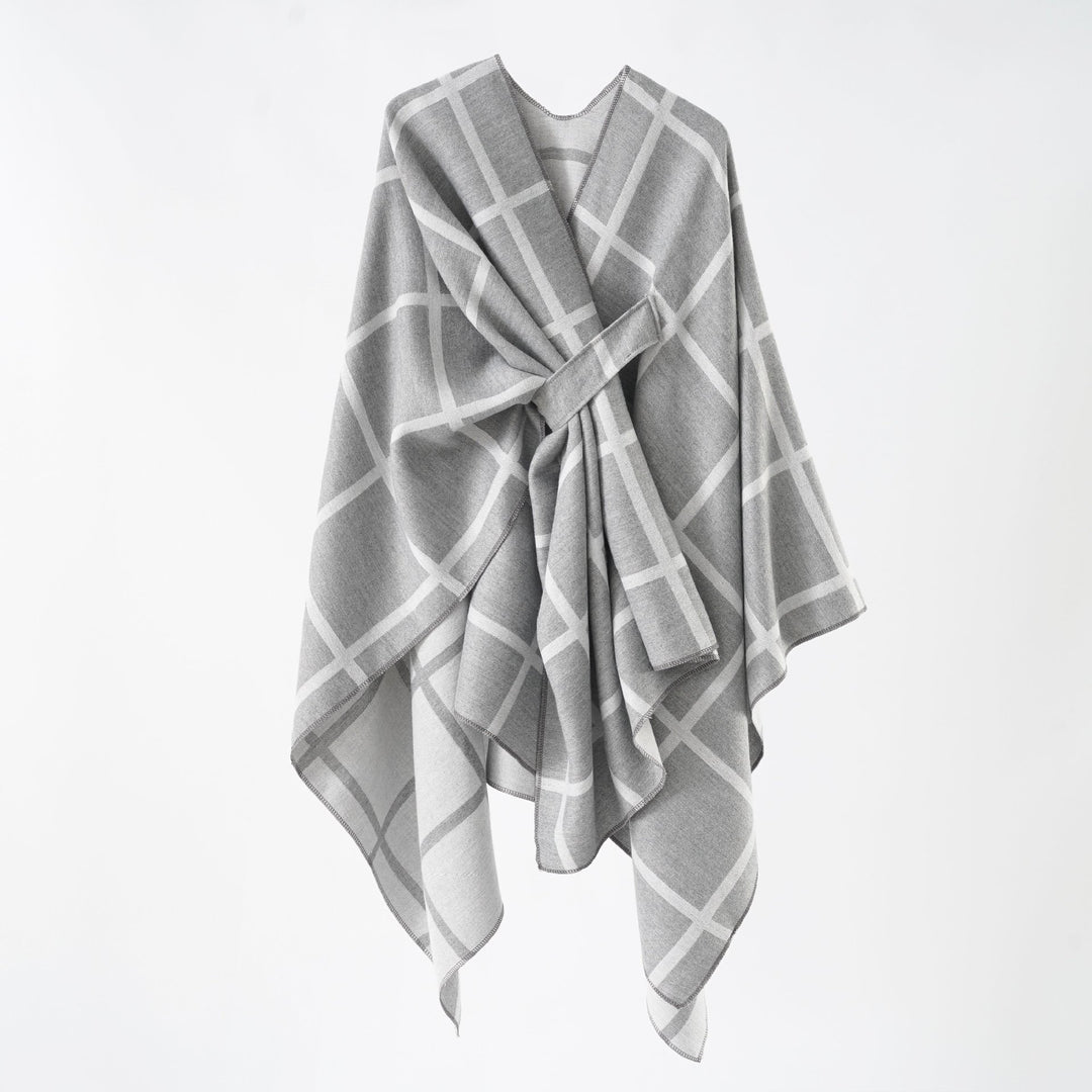 Damen Oversize Wollmix Poncho mit Gürtel und Karomuster Drune