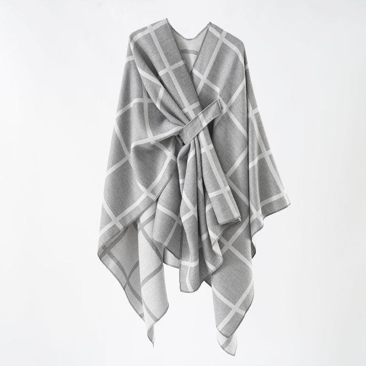 Damen Oversize Wollmix Poncho mit Gürtel und Karomuster Drune