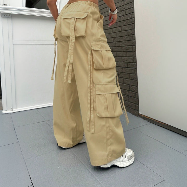 Damen weite Cargo-Hose mit funktionalen Taschen und elastischem Bund Drune