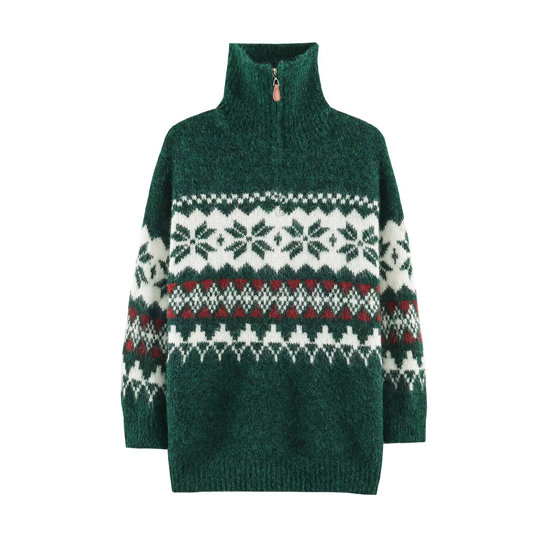 Damen Norwegermuster Strickpullover mit halbem Reißverschluss und Stehkragen Drune