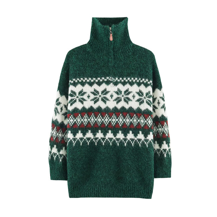 Damen Norwegermuster Strickpullover mit halbem Reißverschluss und Stehkragen Drune