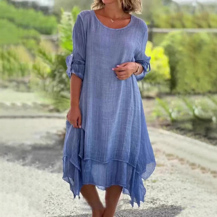 Damen nan weites Musselin-Midikleid mit rundem Halsausschnitt, krempelbaren halblangen Ärmeln und mehrlagigem Stufenrock Drune