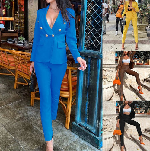 Damen Taillierter Hosenanzug mit tiefem Revers, Slim-Hose und goldenen Zierknöpfen Drune