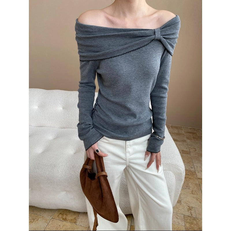 Damen eleganter off-shoulder Pullover mit Raffung und langen Ärmeln Drune