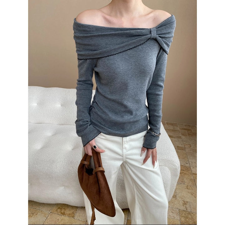 Damen eleganter off-shoulder Pullover mit Raffung und langen Ärmeln Drune