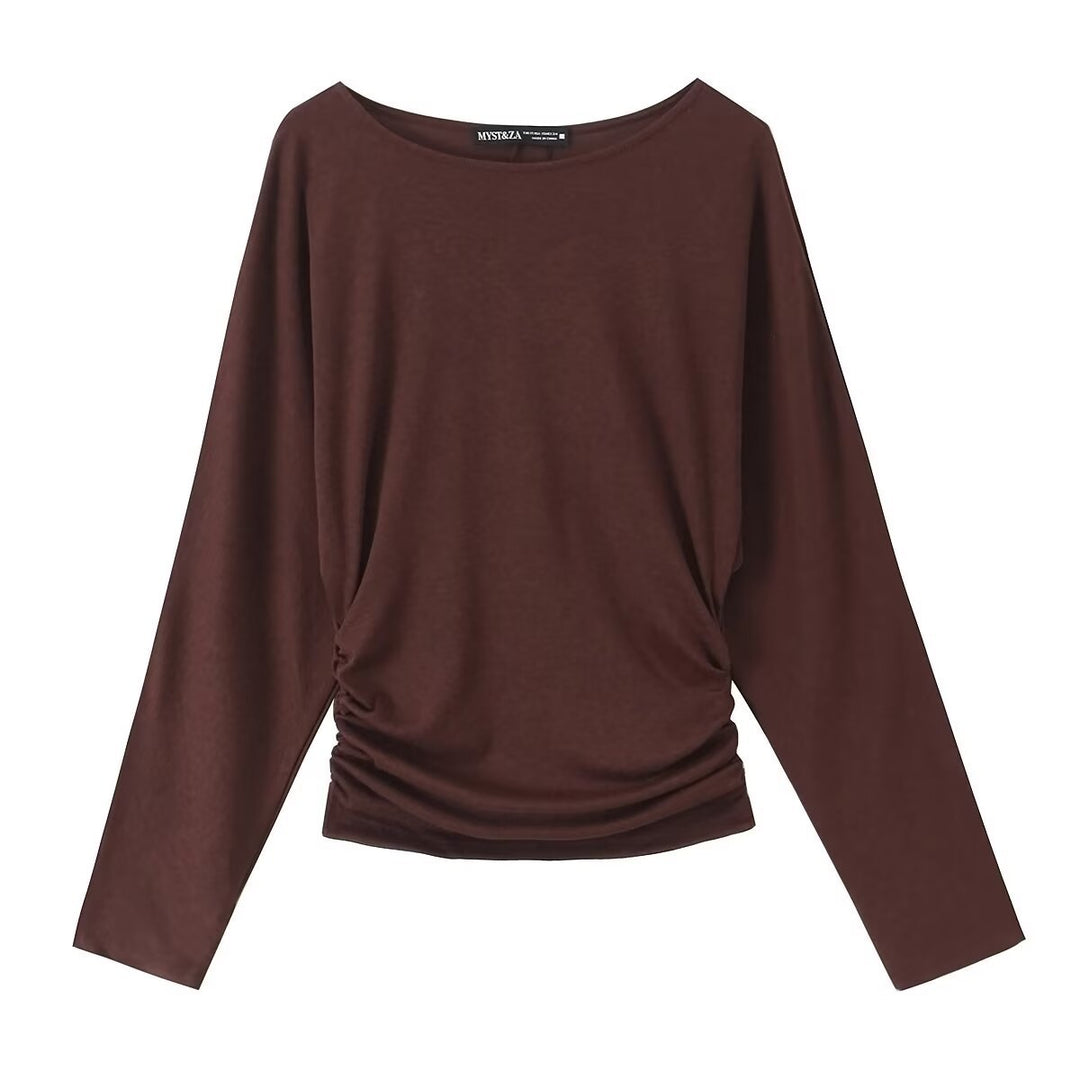 Damen Langarmshirt mit seitlicher Raffung und überschnittenen Schultern Drune