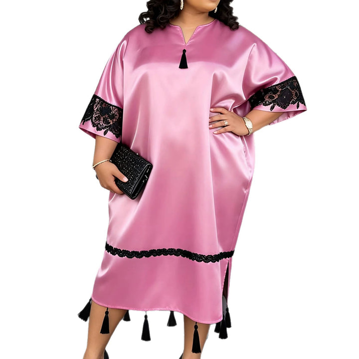 Damen elegantes Kaftankleid mit raffinierten Spitzenärmel und dekorativen Quasten Drune