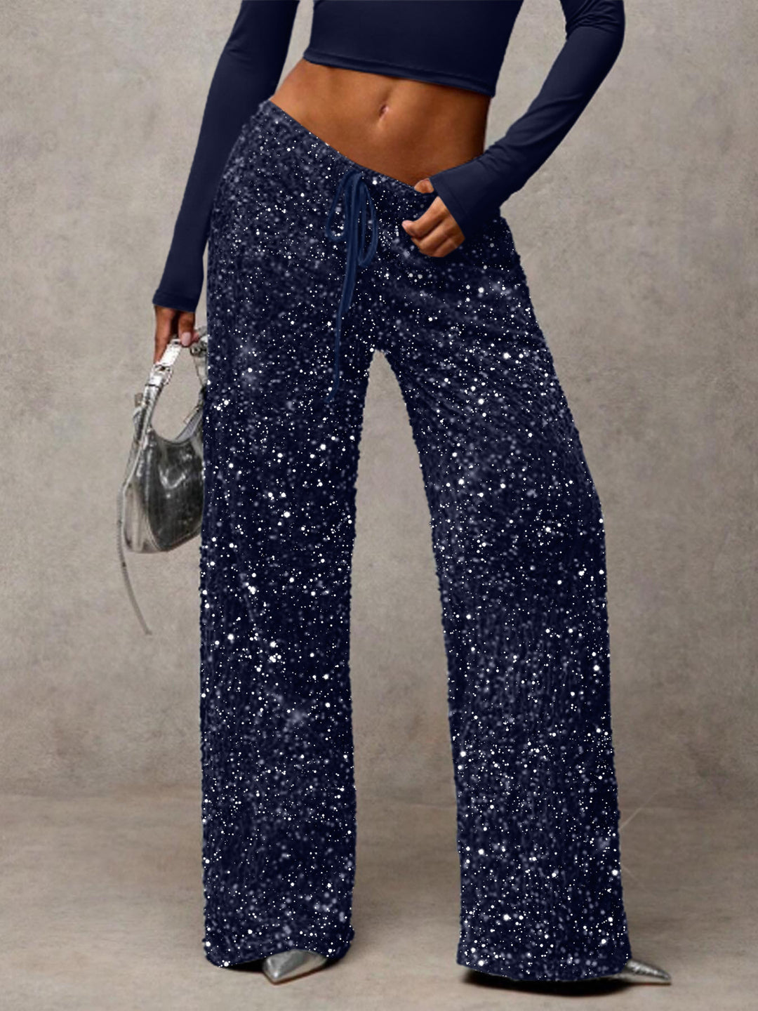 Damen Pailletten-Palazzohose mit hohem Bund und Kordelzug Drune