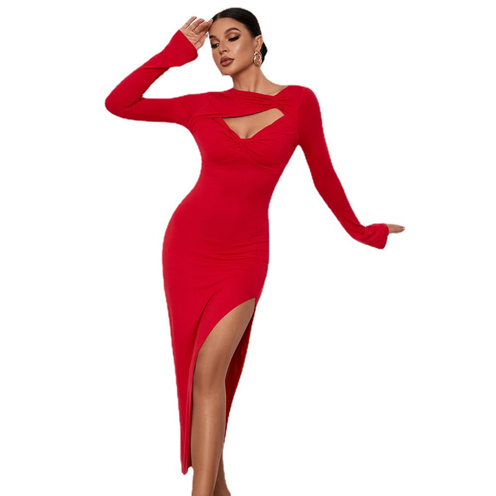 Damen elegantes Langarm-Kleid mit schickem Cut-Out und hohem Schlitz Drune