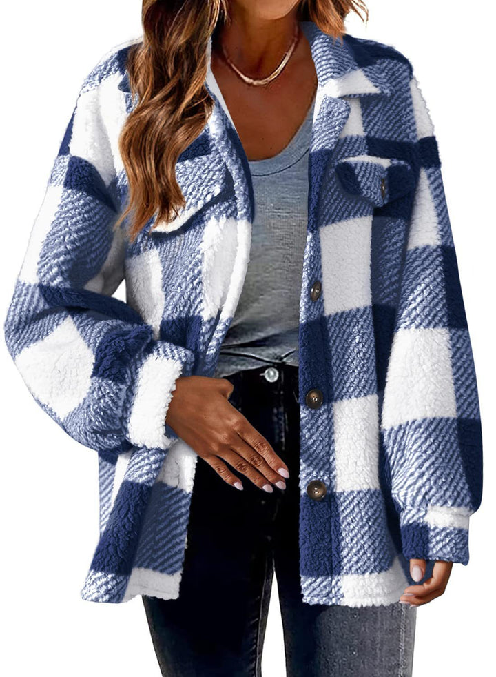 Damen Kuschelige Karodesign Jacke mit Knöpfen und Brusttasche Drune
