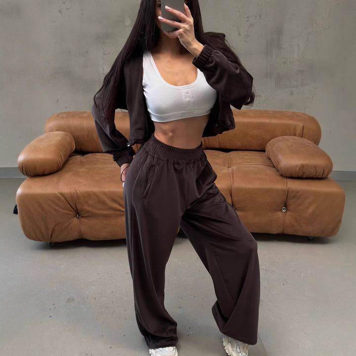 Damen weites Lounge-Set mit Cropped Zipjacke und High-Waist Relaxhose Drune