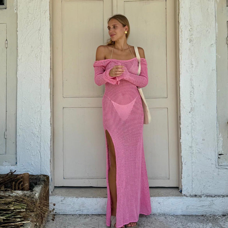 Damen luftiges Häkel-Maxikleid mit schulterfreier Optik und hohem Schlitz Drune