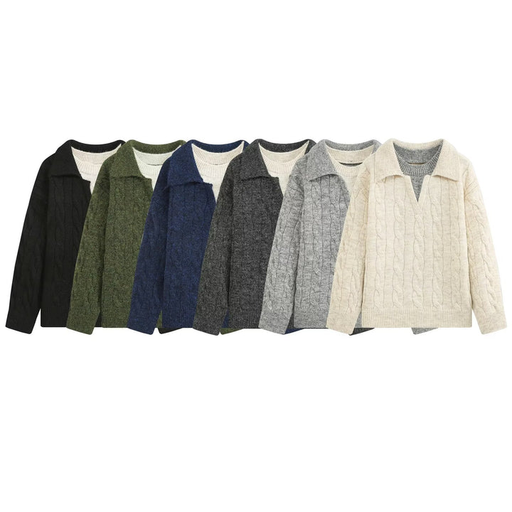 Damen Grobgestrickter Oversize-Pullover mit Polokragen und Zopfmuster Drune
