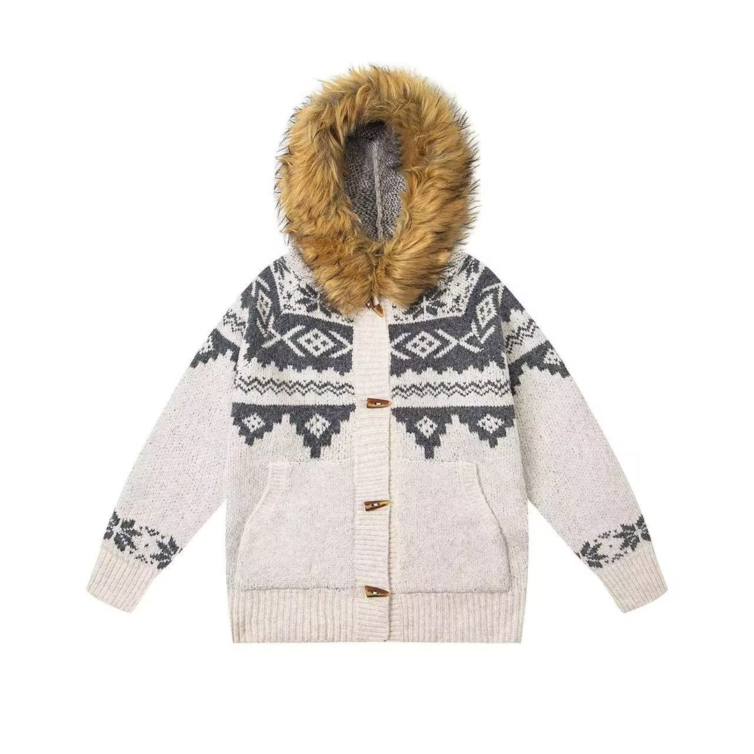 Damen Modische Strickjacke mit Kapuze und kunstfellbesetztem Kragen Drune