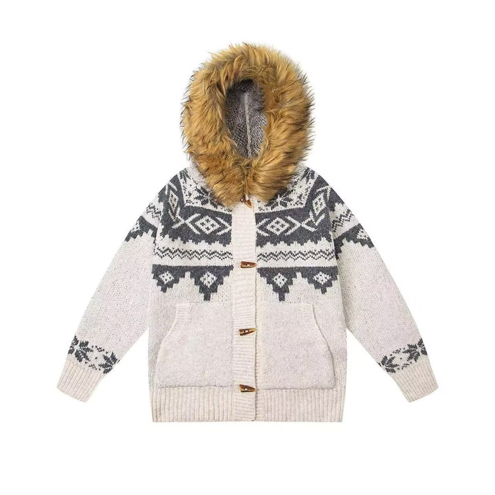 Damen Modische Strickjacke mit Kapuze und kunstfellbesetztem Kragen Drune