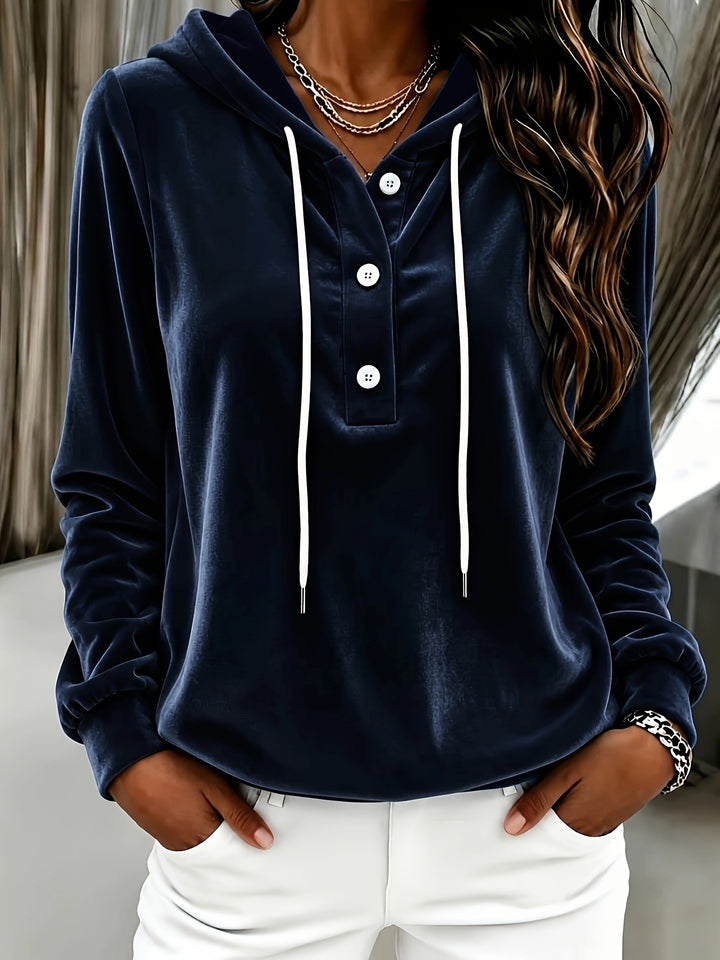 Damen Samt-Hoodie mit Knopfleiste, Kapuze und weichem Fleece-Finish Drune