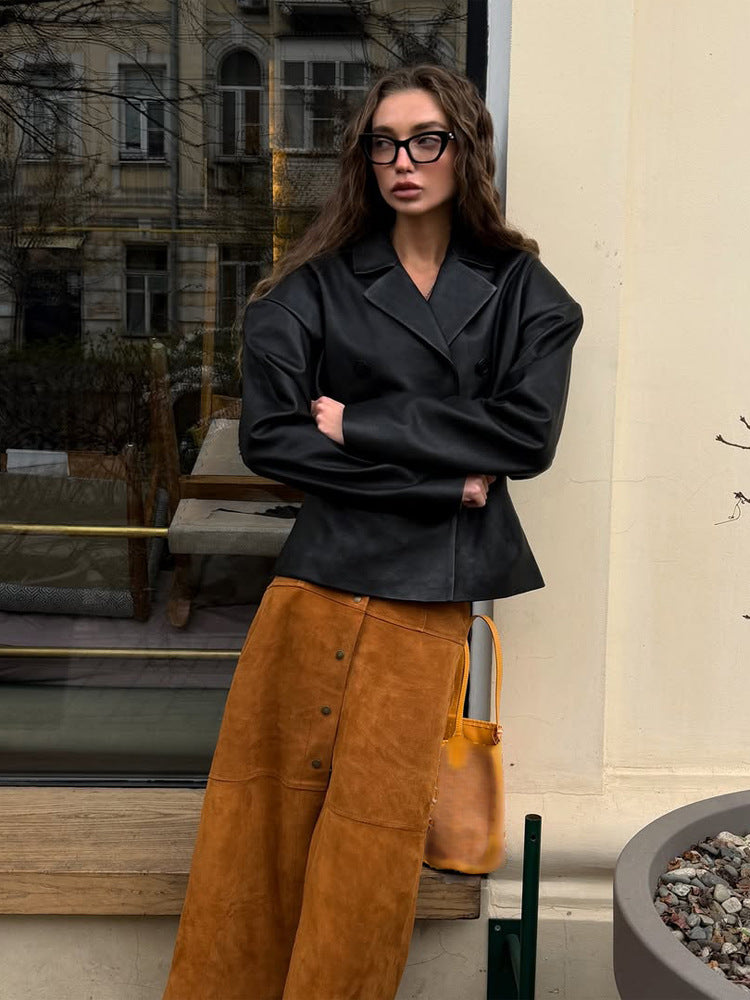 Damen Modischer Blazer-Bomber aus veganem Lederimitat mit doppeltreihiger Front Drune