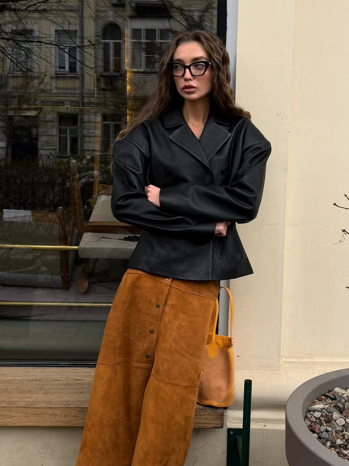 Damen Modischer Blazer-Bomber aus veganem Lederimitat mit doppeltreihiger Front Drune