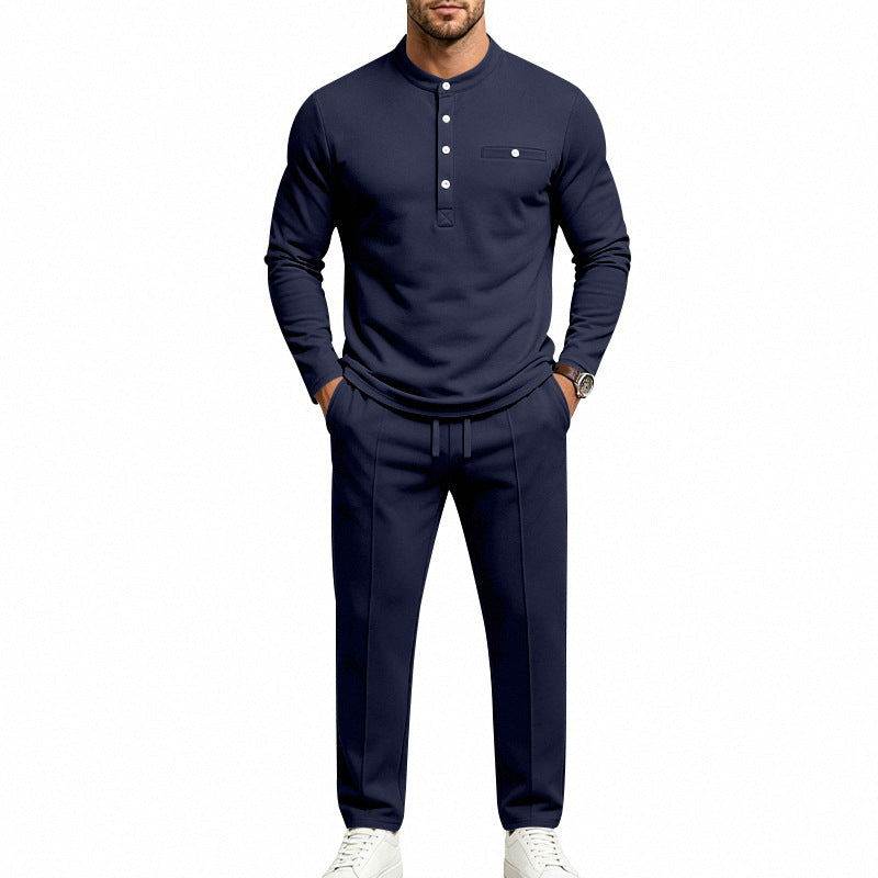 Herren Zweiteiliges Freizeitset mit Henley-Langarmshirt, Stehkragen und Komfort-Jogginghose Drune