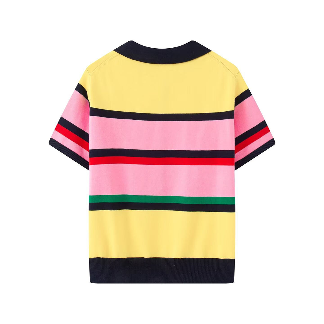 Damen Kurzärmeliges gestreiftes Feinstrick-Poloshirt mit durchgehender Knopfleiste Drune