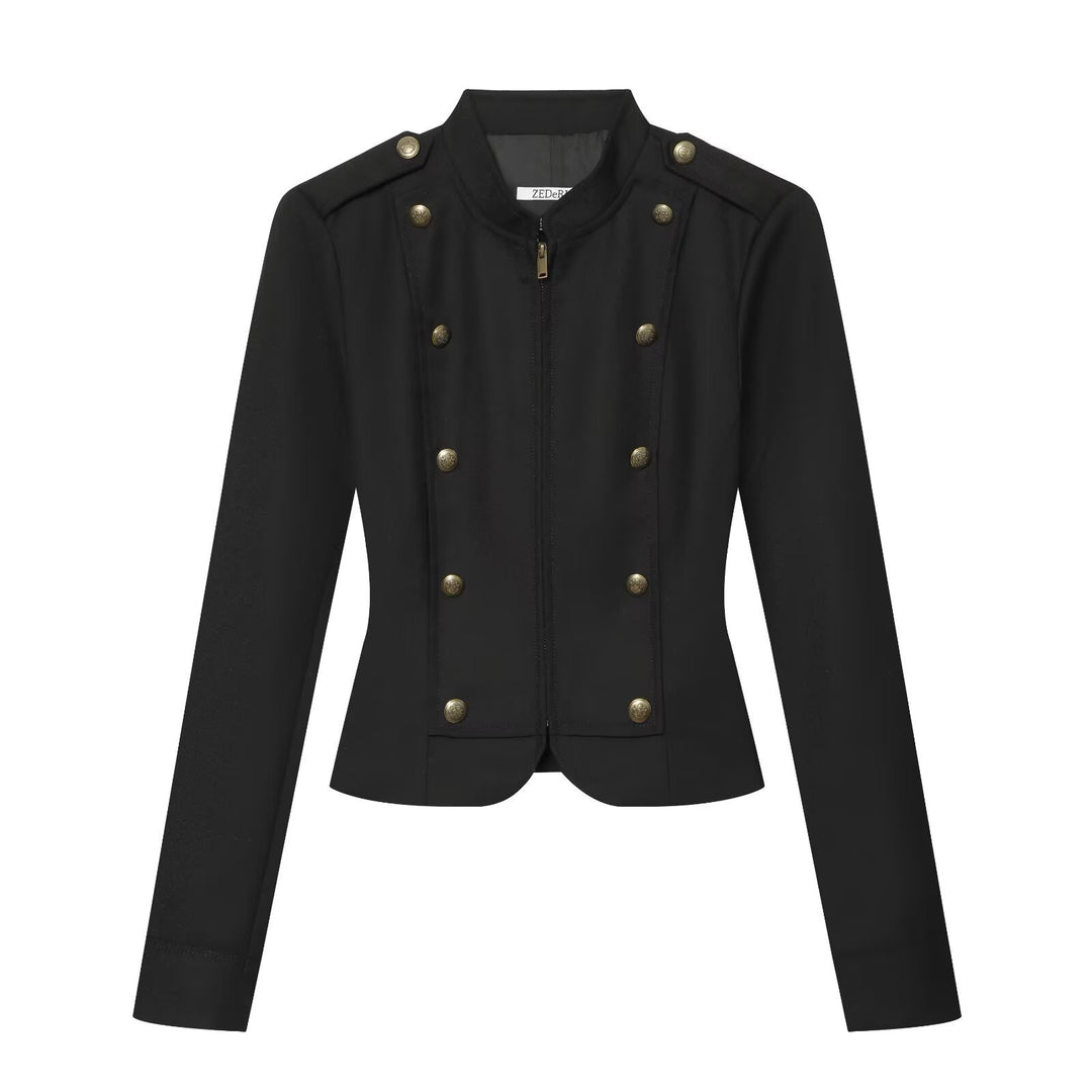 Damen Taillierte Militärjacke im Blousonstil mit Stehkragen und doppelter Zierknopfleiste Drune