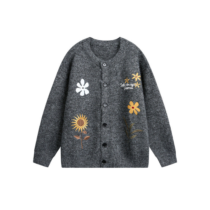 Damen Strick-Cardigan mit Blumenstickerei, Rundhalsausschnitt und Knopfleiste Drune