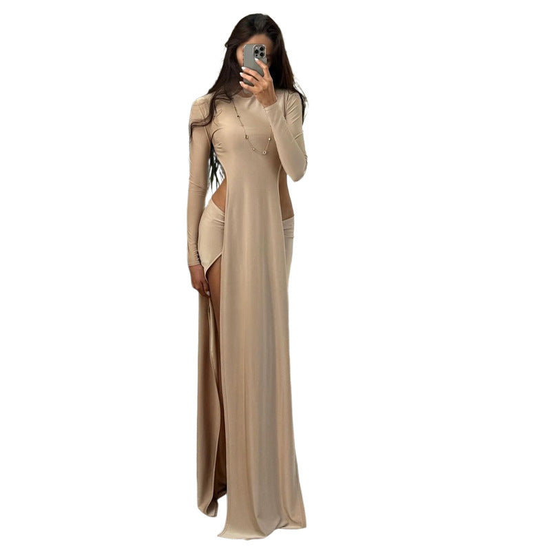 Damen Elegantes Maxikleid mit schmalem Schnitt und hohen Schlitzen Drune