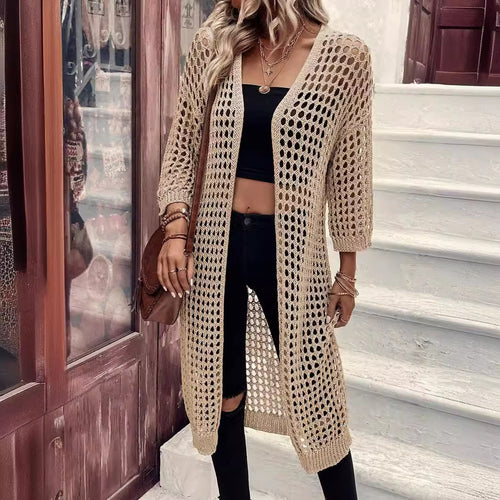 Damen Luftige Häkeljacke mit offenem Design und weiten Ärmeln Drune