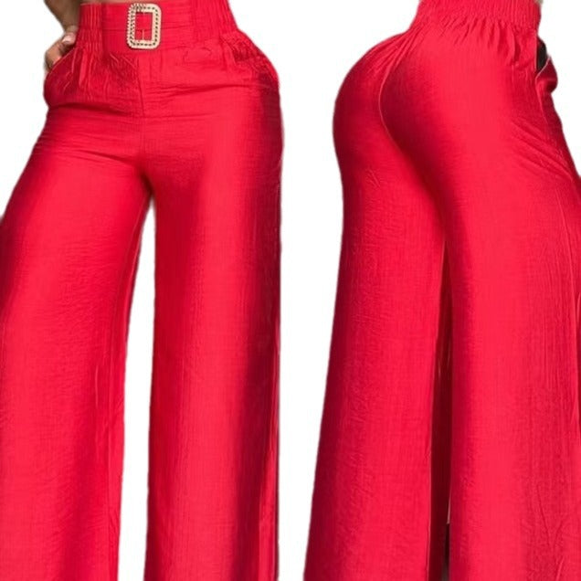 Damen Weite Palazzo-Hose mit hochtailliertem Bund und dekorativem Gürtel Drune